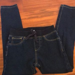 Dark blue skinny jeans, stretchy waist